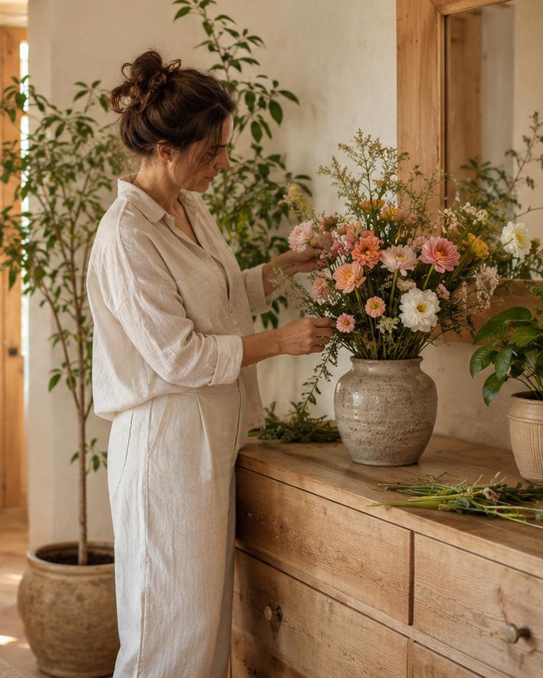 Col·locant flors fresques en un gerro a casa
