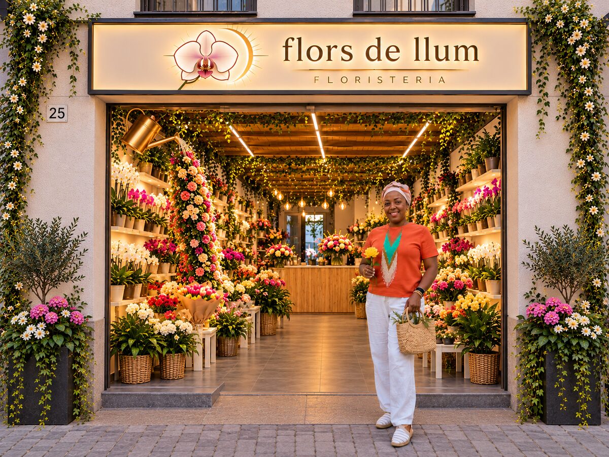 Una dona somrient a la porta de Flors de Llum