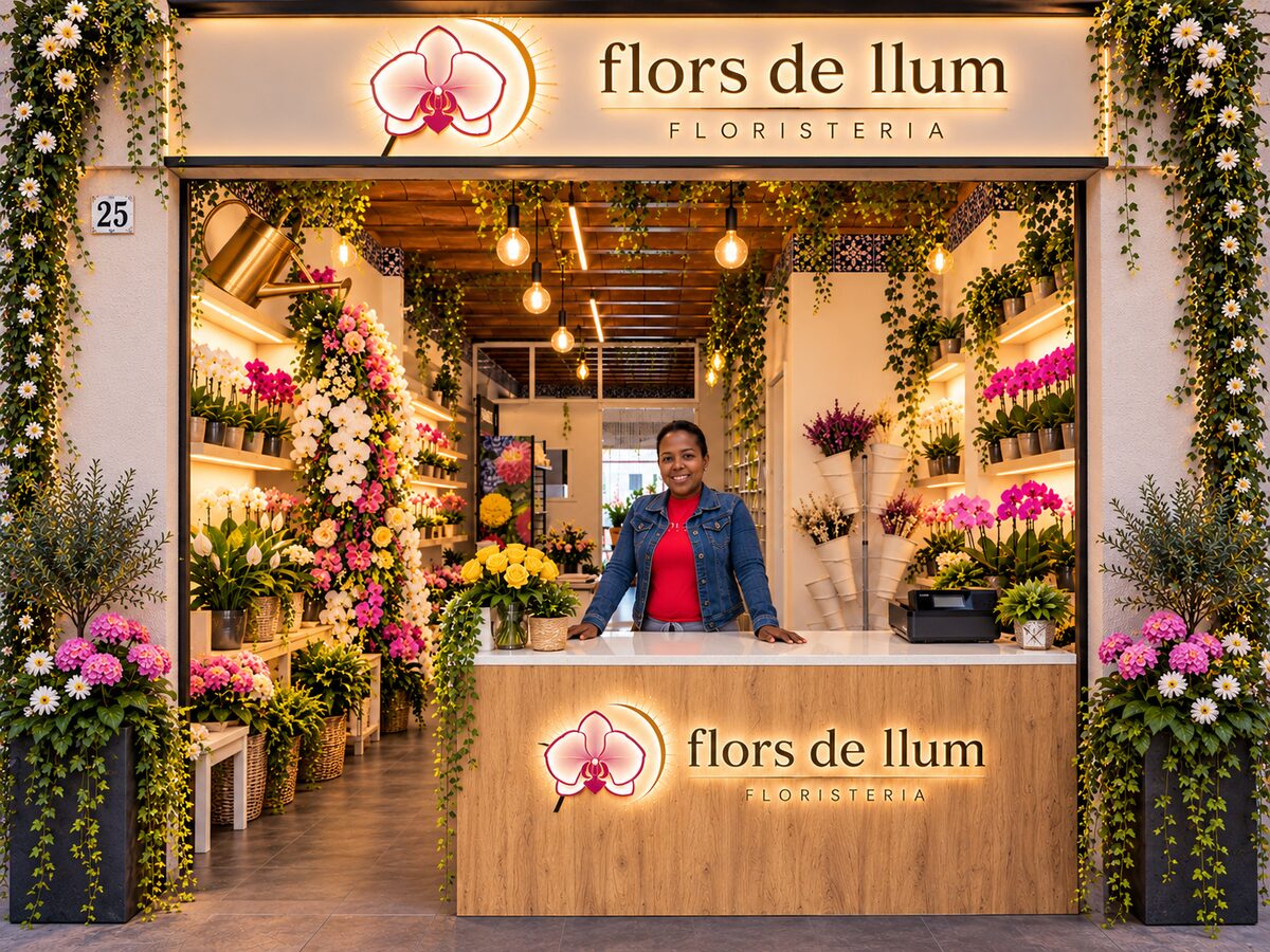 Una dona somrient darrere el taulell de Flors de Llum, al Carrer Major de Masquefa