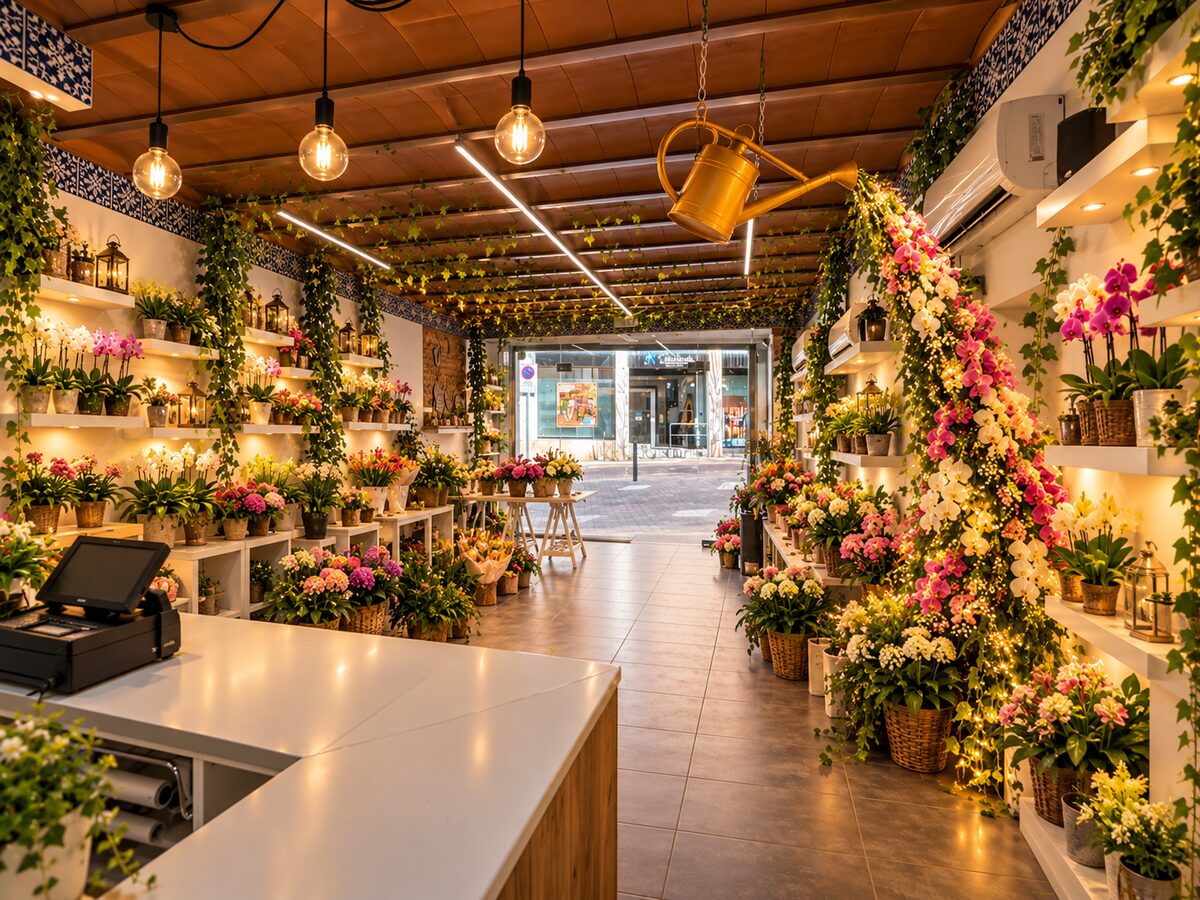 Interior de la botiga amb orquídies, plantes i una regadora daurada