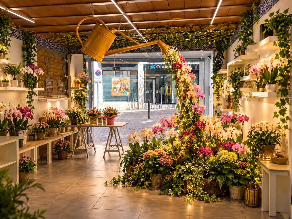 Entrada de la botiga vista des de dins, amb orquídies i plantes