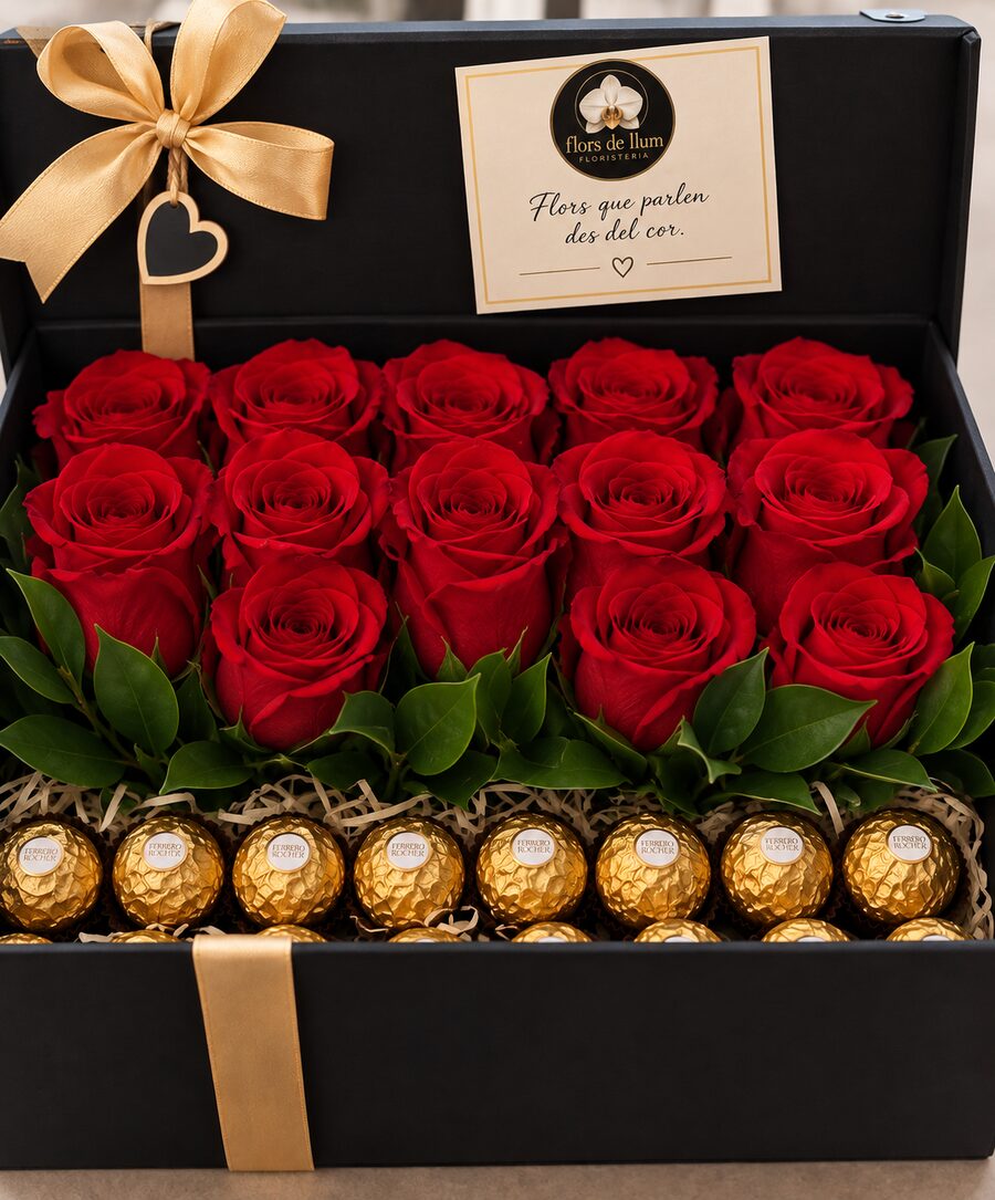 Caixa negra amb roses vermelles i bombons, targeta «Flors que parlen des del cor»