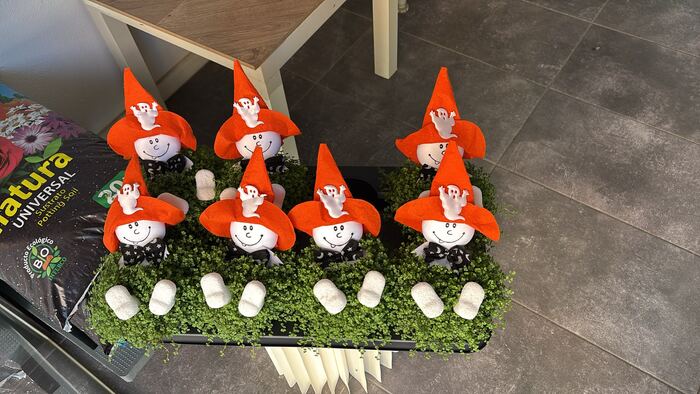 Figuretes de bruixa amb barret taronja per a Halloween